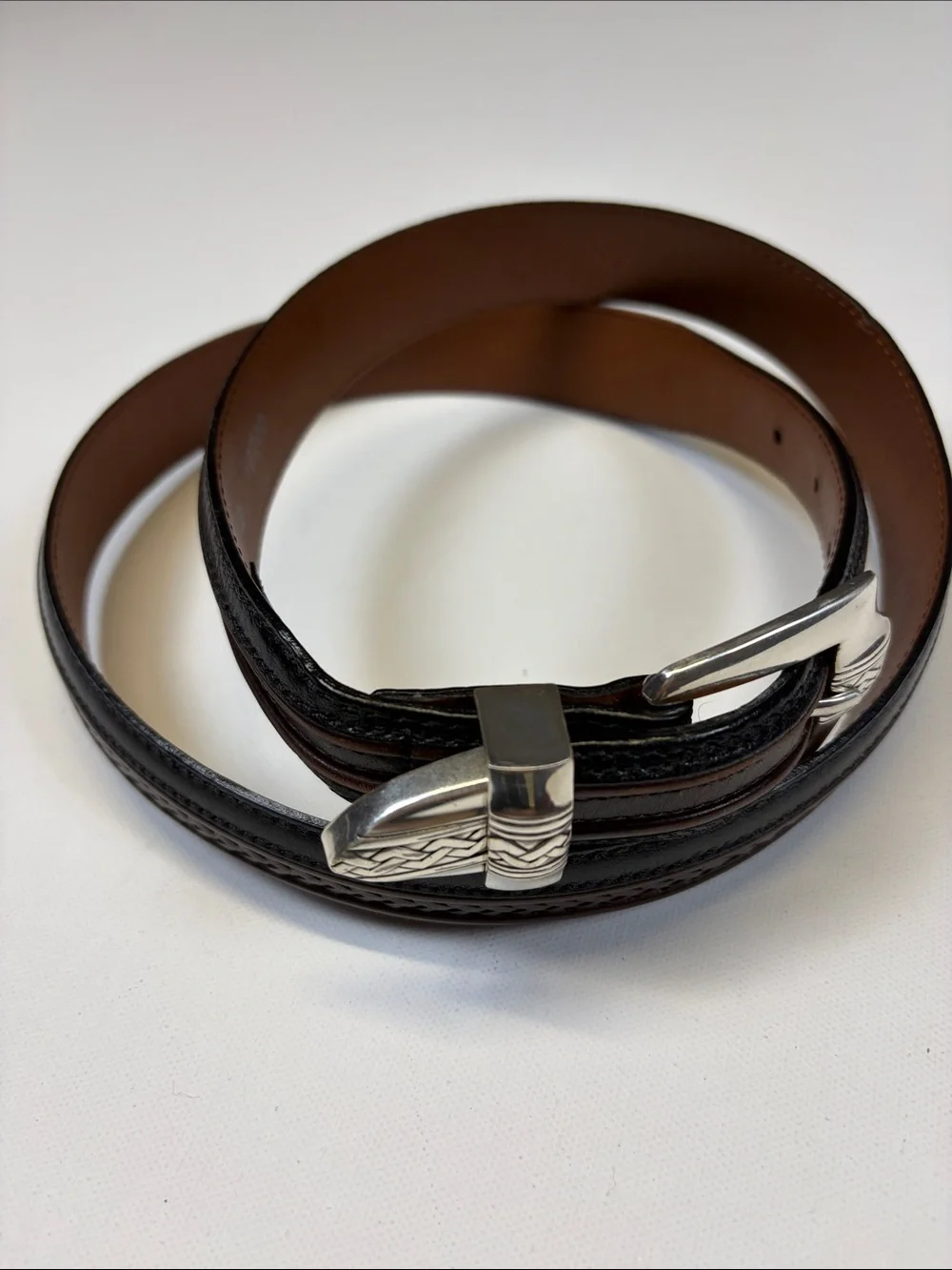 ONYX BY BRIGHTON MENS BLACK BROWN LEATHER WESTERN  SIZE 40 SILVER BUCKLE